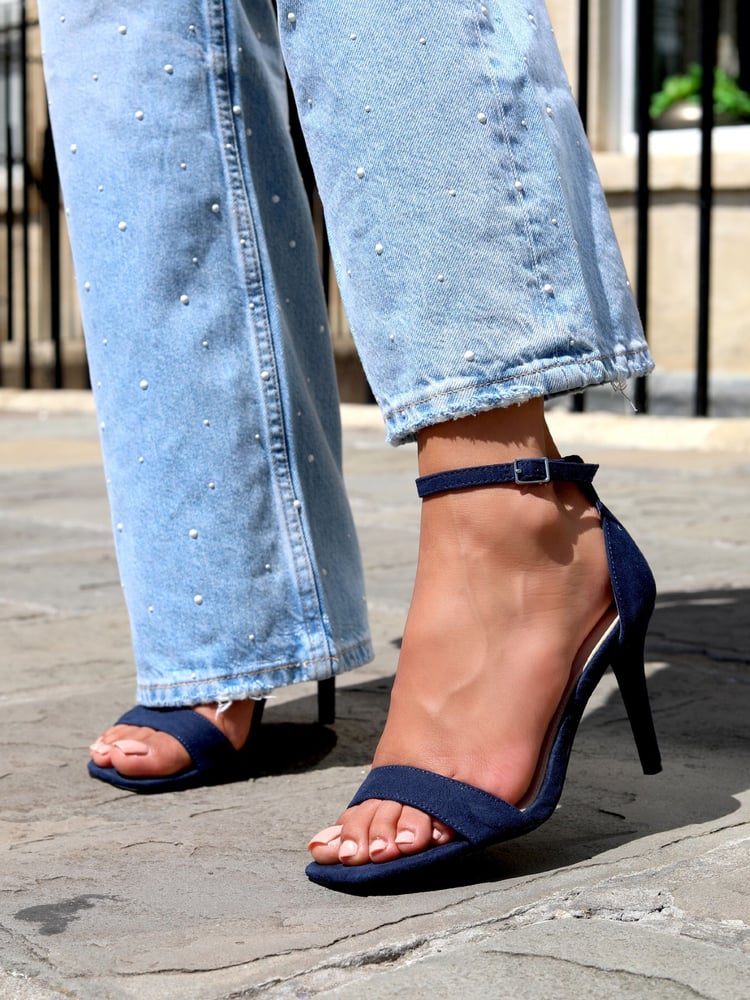 Linzi Navy Faux Suede Kimmy Open Back Barely There Stiletto Sandal - Image 2 of 5 Linzi Navy Faux Suede Kimmy Open Back Barely There Stiletto Sandal - Image 2 of 5