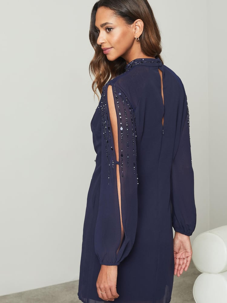 Lipsy Navy Embellished High Neck Sheer Long Sleeve Shift Dress - Image 2 of 4 Lipsy Navy Embellished High Neck Sheer Long Sleeve Shift Dress - Image 2 of 4
