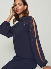 Lipsy Navy Embellished High Neck Sheer Long Sleeve Shift Dress - Image 3 of 4