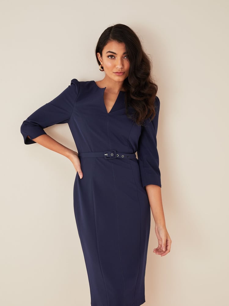 Friends Like These Navy Blue Short Sleeve Belted V Neck Tailored Midi Dress - Image 1 of 4 Friends Like These Navy Blue Short Sleeve Belted V Neck Tailored Midi Dress - Image 1 of 4
