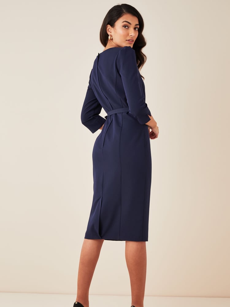 Friends Like These Navy Blue Short Sleeve Belted V Neck Tailored Midi Dress - Image 2 of 4 Friends Like These Navy Blue Short Sleeve Belted V Neck Tailored Midi Dress - Image 2 of 4