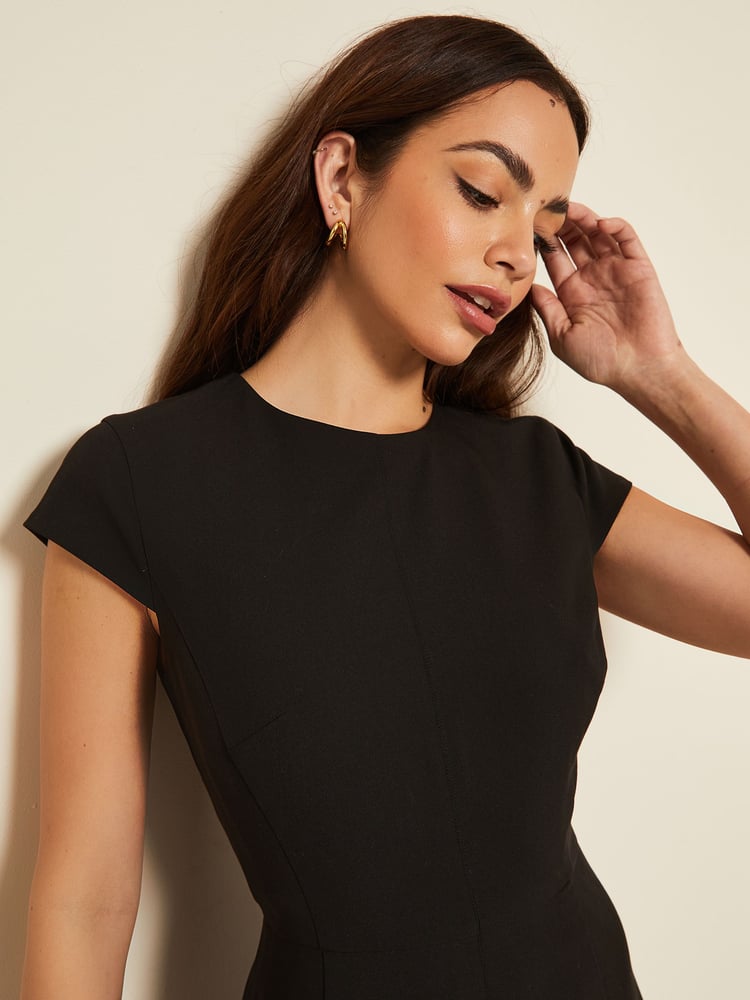 Friends Like These Navy Blue Petite Fit and Flare Cap Sleeve Tailored Dress - Image 4 of 4 Friends Like These Navy Blue Petite Fit and Flare Cap Sleeve Tailored Dress - Image 4 of 4