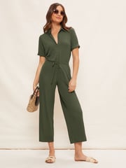 Friends Like These Khaki Green Jersey Short Sleeve Button Up Wide Leg Jumpsuit - Image 1 of 4