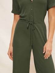 Friends Like These Khaki Green Jersey Short Sleeve Button Up Wide Leg Jumpsuit - Image 2 of 4