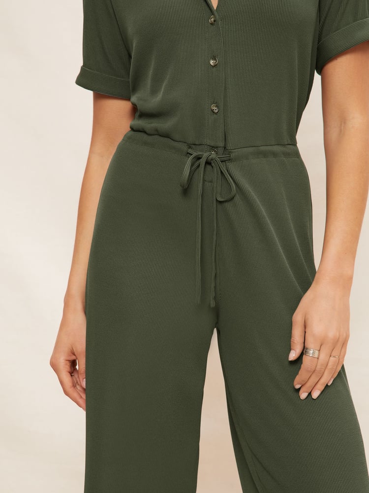 Friends Like These Khaki Green Jersey Short Sleeve Button Up Wide Leg Jumpsuit - Image 2 of 4