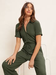 Friends Like These Khaki Green Jersey Short Sleeve Button Up Wide Leg Jumpsuit - Image 3 of 4