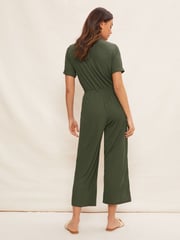 Friends Like These Khaki Green Jersey Short Sleeve Button Up Wide Leg Jumpsuit - Image 4 of 4