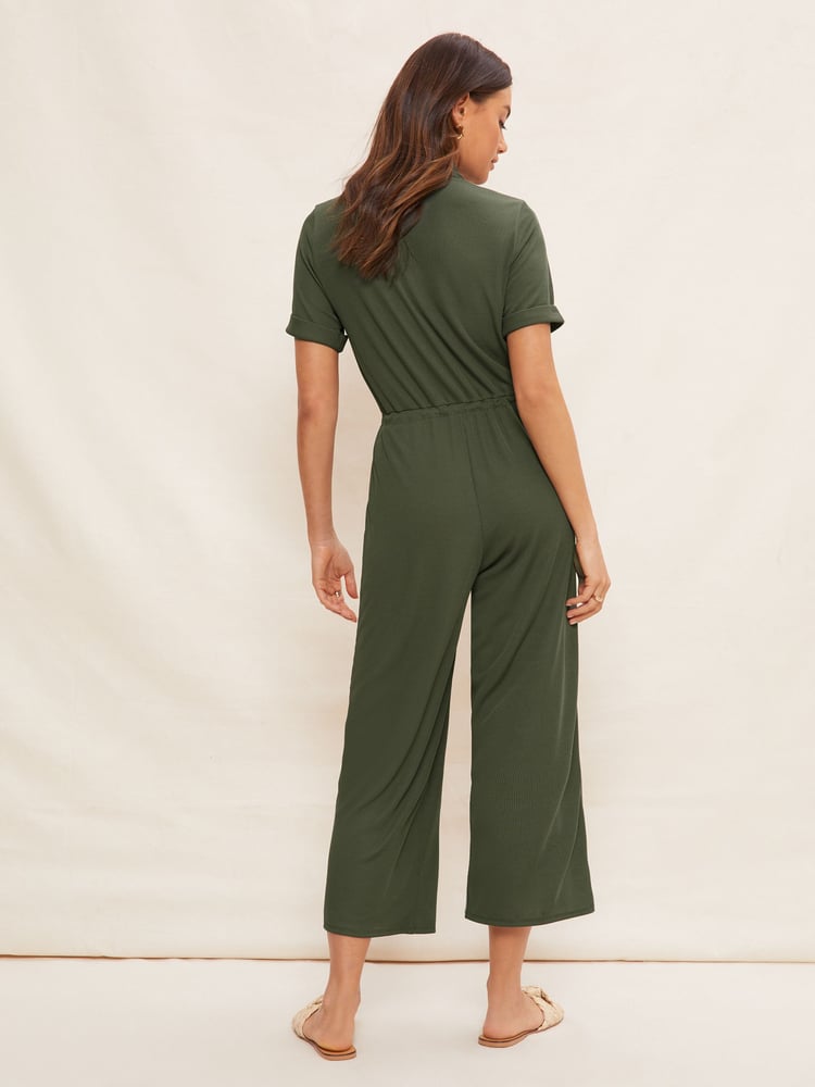 Friends Like These Khaki Green Jersey Short Sleeve Button Up Wide Leg Jumpsuit - Image 4 of 4