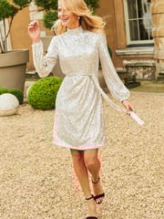 Sosandar Ivory Sequin High Neck Belted Shift Dress - Image 2 of 5