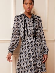 Love & Roses Black Geometric Long Sleeve Tie Neck Chiffon Mini Dress - Image 1 of 4
