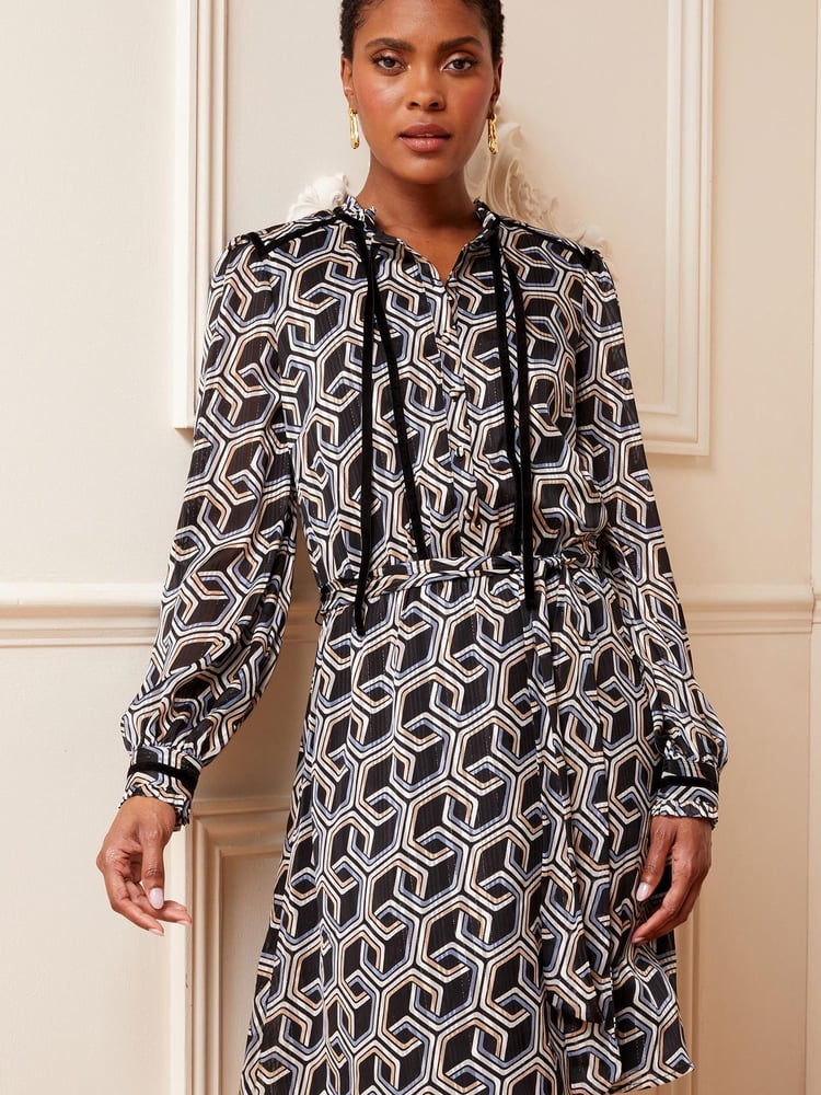 Love & Roses Black Geometric Long Sleeve Tie Neck Chiffon Mini Dress - Image 1 of 4 Love & Roses Black Geometric Long Sleeve Tie Neck Chiffon Mini Dress - Image 1 of 4