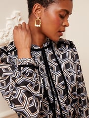 Love & Roses Black Geometric Long Sleeve Tie Neck Chiffon Mini Dress - Image 2 of 4