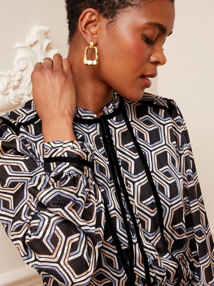 Love & Roses Black Geometric Long Sleeve Tie Neck Chiffon Mini Dress - Image 2 of 4 Love & Roses Black Geometric Long Sleeve Tie Neck Chiffon Mini Dress - Image 2 of 4
