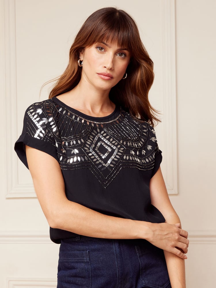Love & Roses Black Embellished Round Neck Roll Sleeve Top - Image 1 of 4 Love & Roses Black Embellished Round Neck Roll Sleeve Top - Image 1 of 4