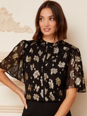 Love & Roses Black Petite Metallic High Neck Flutter Sleeve Top - Image 1 of 4