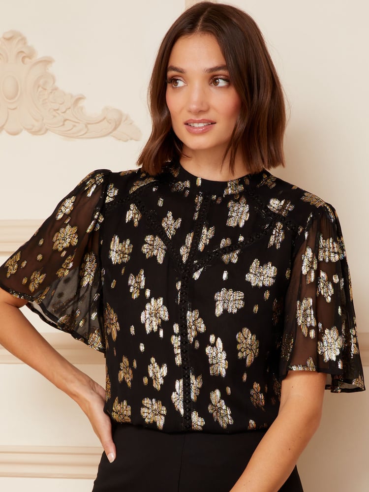 Love & Roses Black Petite Metallic High Neck Flutter Sleeve Top - Image 1 of 4