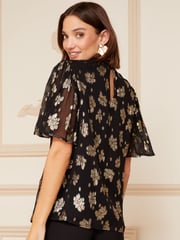 Love & Roses Black Petite Metallic High Neck Flutter Sleeve Top - Image 3 of 4