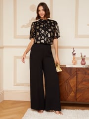 Love & Roses Black Petite Metallic High Neck Flutter Sleeve Top - Image 4 of 4