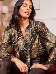 Love & Roses Black Metallic Long Sleeve Tie Neck Shirred Cuff Blouse - Image 1 of 4