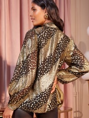 Love & Roses Black Metallic Long Sleeve Tie Neck Shirred Cuff Blouse - Image 3 of 4