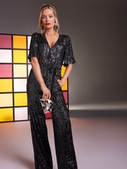 Love & Roses Black & Silver Flutter Sleeve Wrap Sequin Wide Leg Jumpsuit - Image 1 of 4