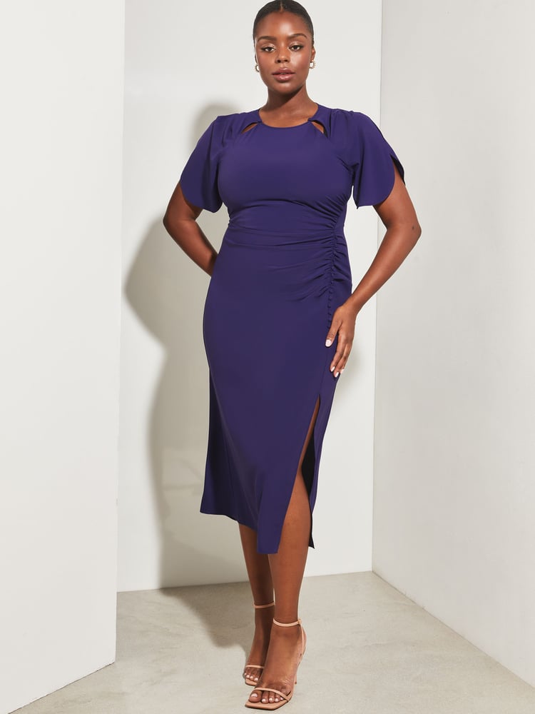 Lipsy Navy Curve Ruched Flutter Sleeve Cut Out Bodycon Dress - Image 1 of 4 Lipsy Navy Curve Ruched Flutter Sleeve Cut Out Bodycon Dress - Image 1 of 4
