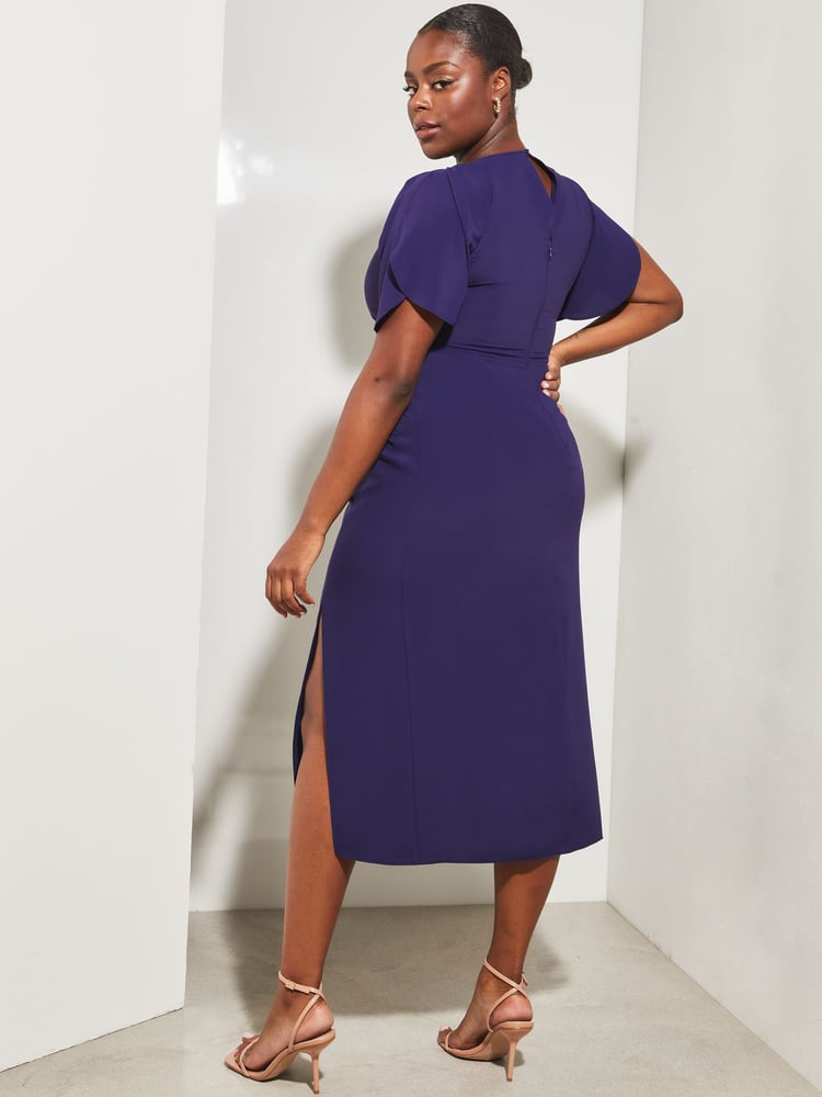Lipsy Navy Curve Ruched Flutter Sleeve Cut Out Bodycon Dress - Image 2 of 4