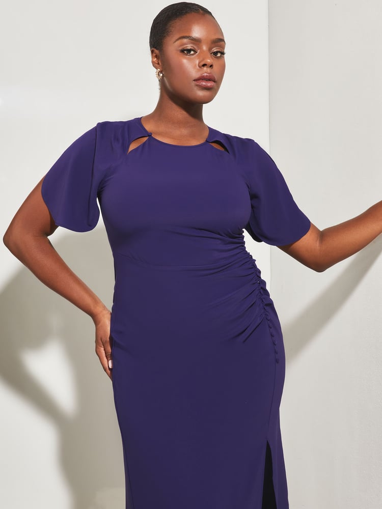 Lipsy Navy Curve Ruched Flutter Sleeve Cut Out Bodycon Dress - Image 4 of 4 Lipsy Navy Curve Ruched Flutter Sleeve Cut Out Bodycon Dress - Image 4 of 4
