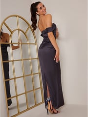 Chi Chi London Navy Blue Merissa Satin Ruched Dress - Image 2 of 5