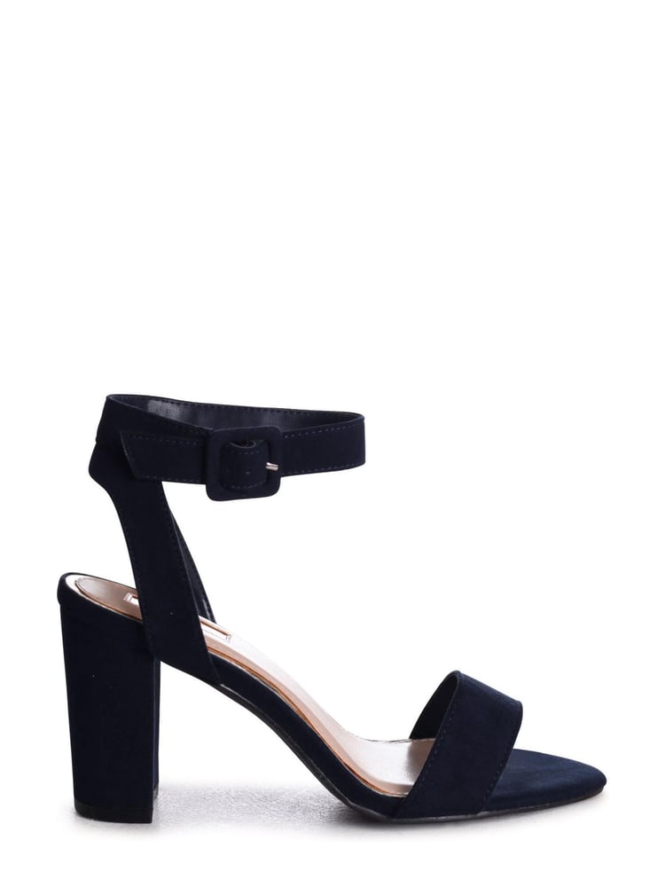 Linzi Blue Faux Suede Marnie Open Toe Block Heel With Ankle Strap Buckle Detail - Image 2 of 4 Linzi Blue Faux Suede Marnie Open Toe Block Heel With Ankle Strap Buckle Detail - Image 2 of 4