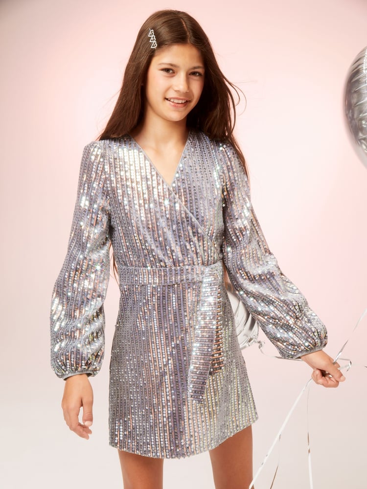 Lipsy Grey Sequin Velvet Wrap Front Dress - Image 1 of 4