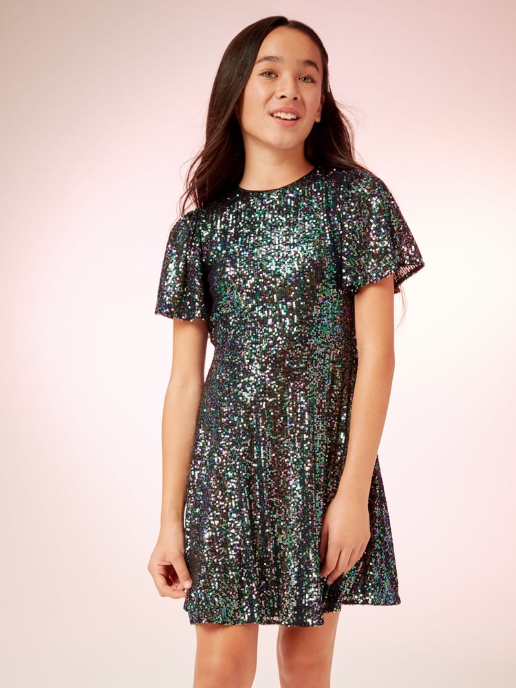 Lipsy Blue Flutter Sleeve Sequin Dress - Image 2 of 4