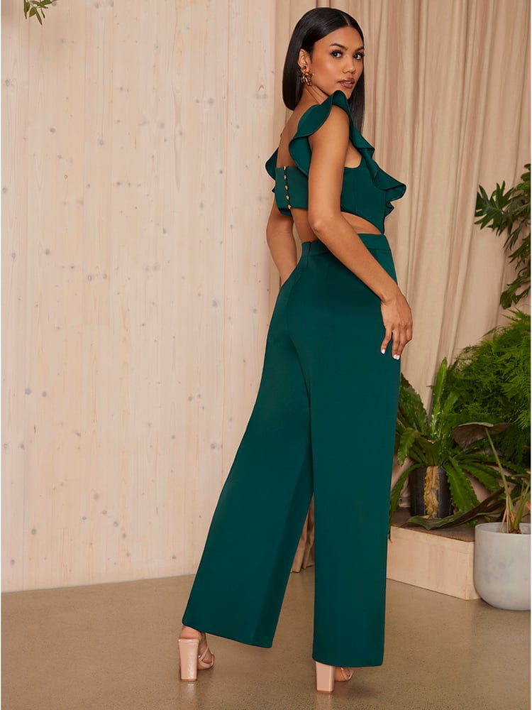 Chi Chi London Green Ruffle Sleeve Cut Out Detail Jumpsuit - Image 2 of 2