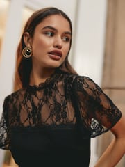 Friends Like These Black Lace Yoke Flutter Sleeve Mini Dress - Image 3 of 4