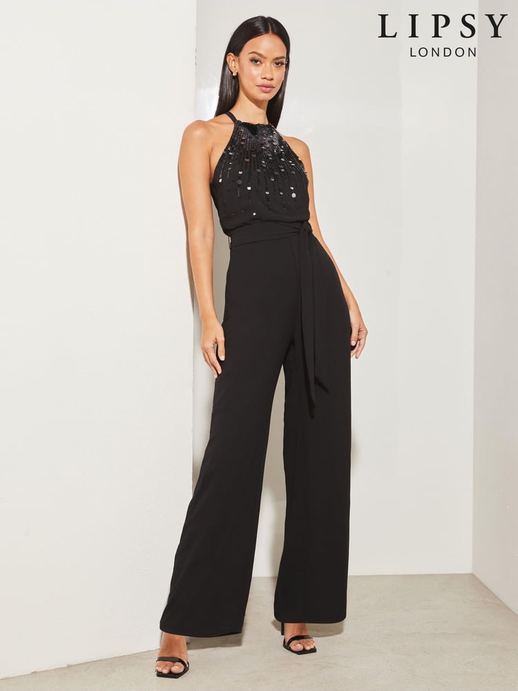 Lipsy Black Petite Sequin Embellished Halter Wide Leg Jumpsuit - Image 1 of 4 Lipsy Black Petite Sequin Embellished Halter Wide Leg Jumpsuit - Image 1 of 4