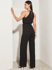 Lipsy Black Petite Sequin Embellished Halter Wide Leg Jumpsuit - Image 2 of 4
