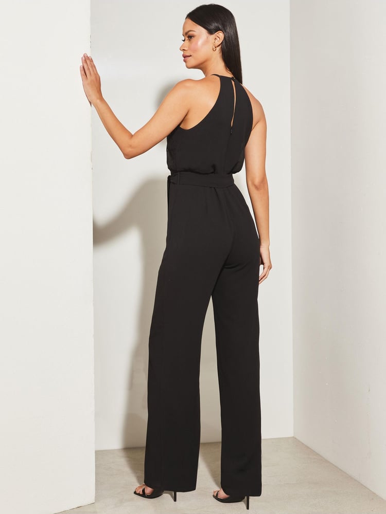 Lipsy Black Petite Sequin Embellished Halter Wide Leg Jumpsuit - Image 2 of 4 Lipsy Black Petite Sequin Embellished Halter Wide Leg Jumpsuit - Image 2 of 4