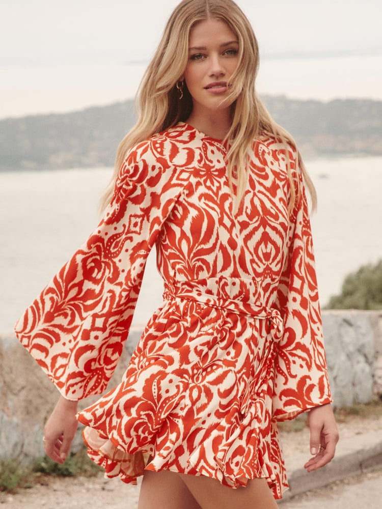 Friends Like These Red Flare Sleeve Round Neck Godet Belted Mini Dress - Image 1 of 1