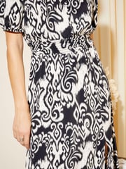 Friends Like These Black/Camel Puff Sleeve Ruched Waist V Neck Midi Summer Dress - Image 3 of 4