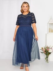 Yours Curve Blue Long Sleeve Sweetheart Lace Mesh Dress - Image 1 of 4