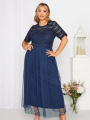 Yours Curve Blue Long Sleeve Sweetheart Lace Mesh Dress - Image 2 of 4
