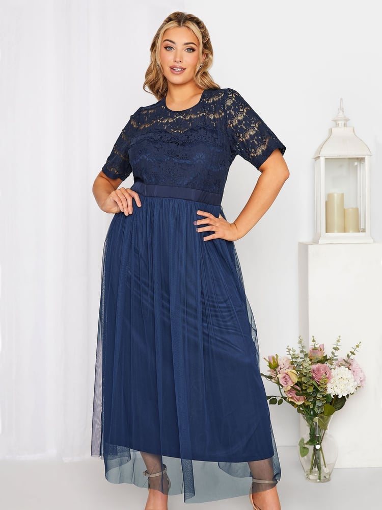 Yours Curve Blue Long Sleeve Sweetheart Lace Mesh Dress - Image 2 of 4 Yours Curve Blue Long Sleeve Sweetheart Lace Mesh Dress - Image 2 of 4