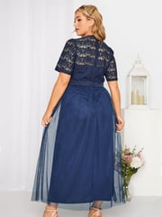 Yours Curve Blue Long Sleeve Sweetheart Lace Mesh Dress - Image 3 of 4