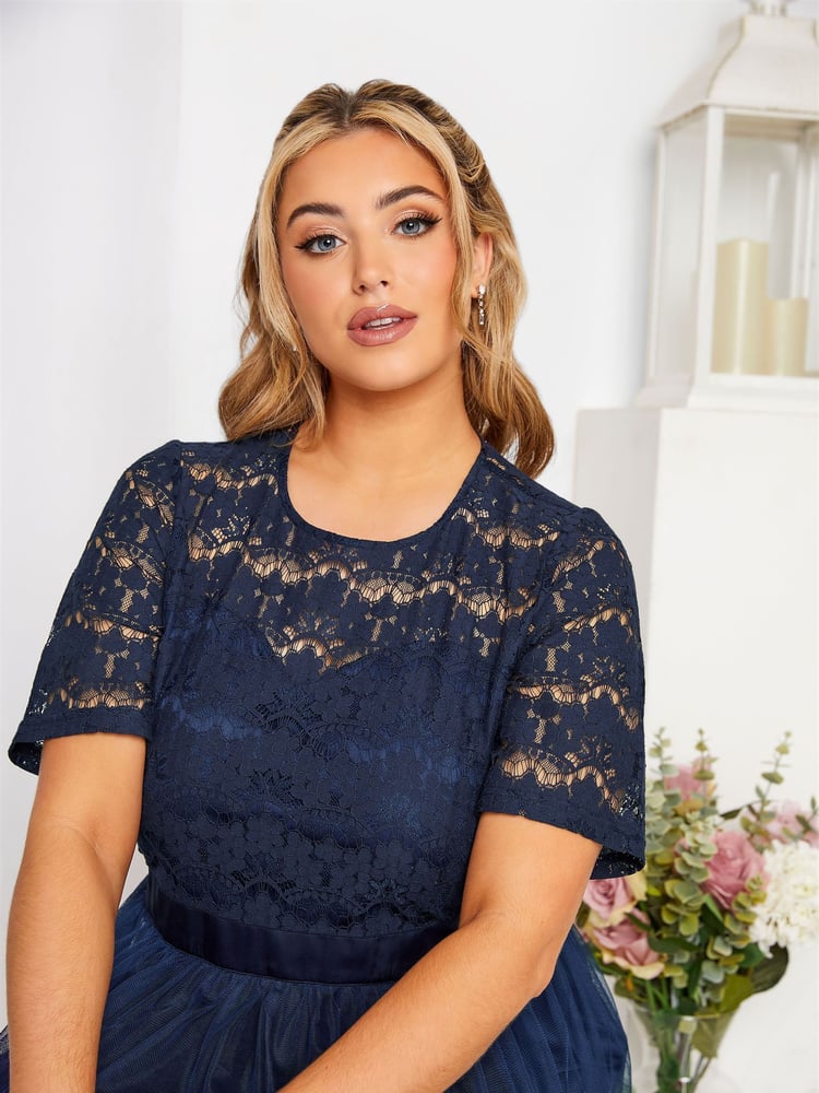 Yours Curve Blue Long Sleeve Sweetheart Lace Mesh Dress - Image 4 of 4