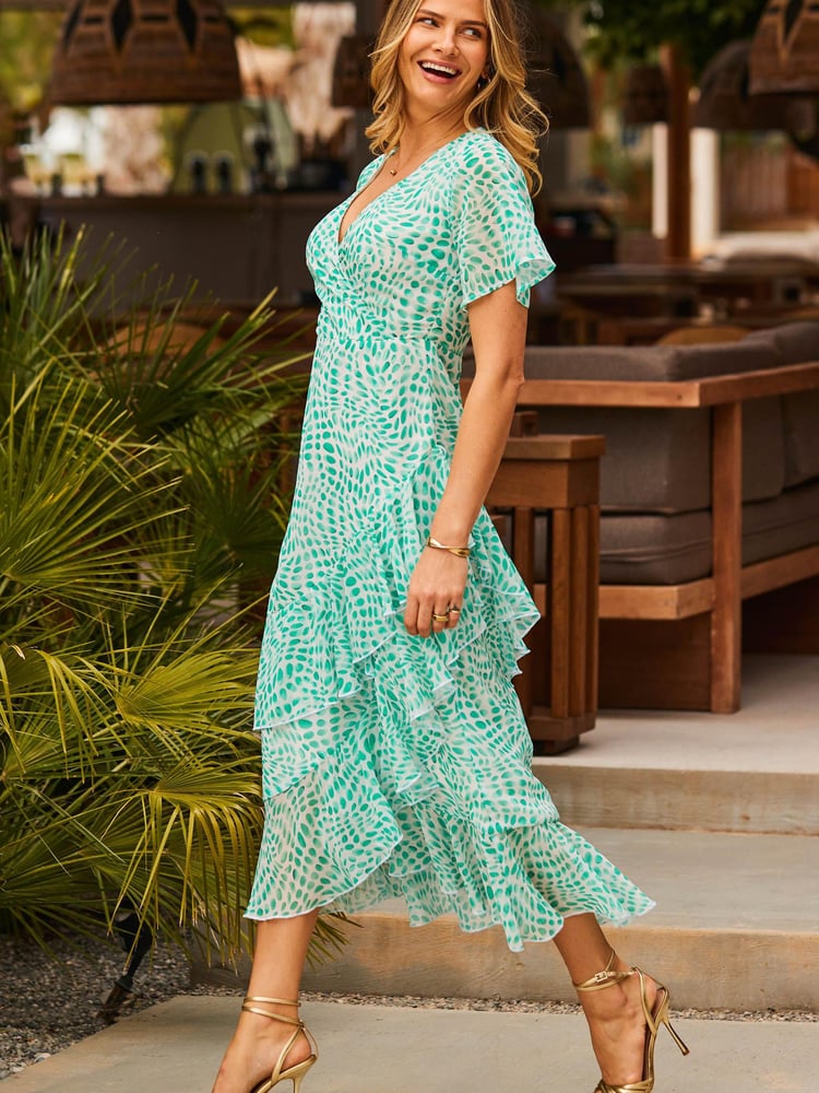 Sosandar Green Layered Frill Angel Sleeve Midaxi Dress - Image 1 of 5