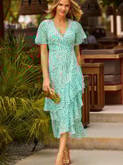 Sosandar Green Layered Frill Angel Sleeve Midaxi Dress - Image 2 of 5