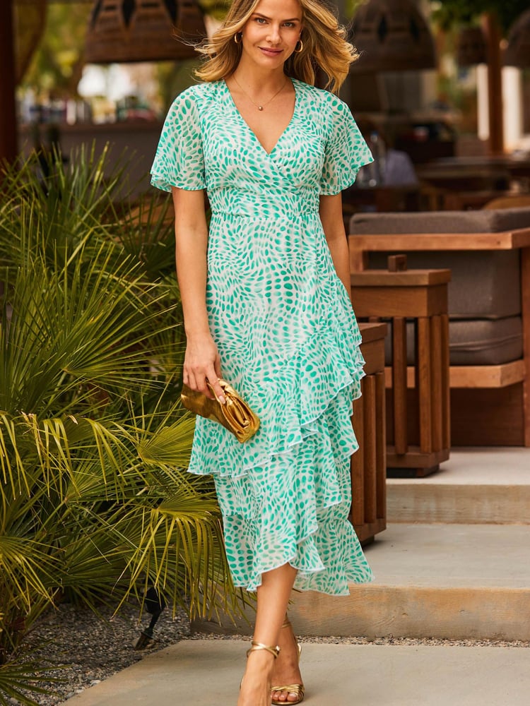 Sosandar Green Layered Frill Angel Sleeve Midaxi Dress - Image 2 of 5