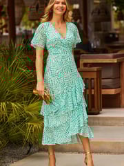 Sosandar Green Layered Frill Angel Sleeve Midaxi Dress - Image 5 of 5
