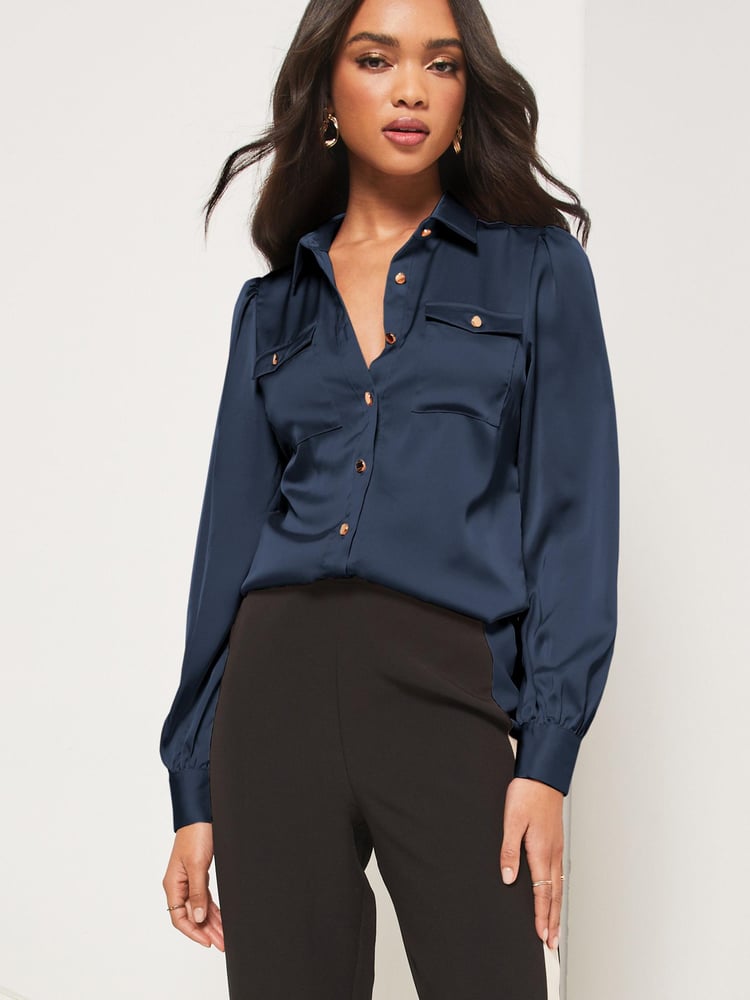 Lipsy Navy Front Pocket Button Through Shirt - Image 1 of 4 Lipsy Navy Front Pocket Button Through Shirt - Image 1 of 4