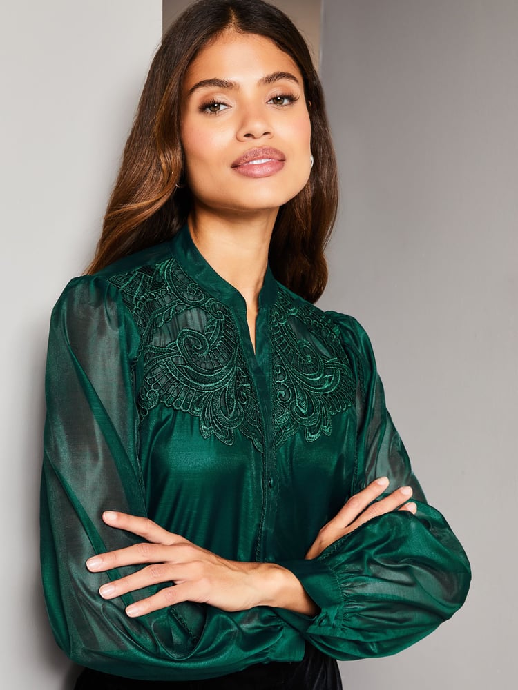 Lipsy Green Long Sleeve Sheer Artwork Button Through Shirt - Image 1 of 3 Lipsy Green Long Sleeve Sheer Artwork Button Through Shirt - Image 1 of 3